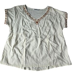 Sonoma Cream Embroidered V Neck Short Sleeve Linen Blend Top Size Small